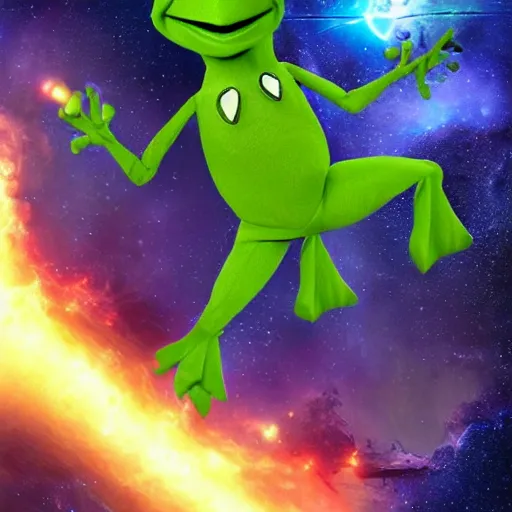 Image similar to the avengers battle one kermit the frog in space, galaxy, hd, 8 k, explosions, gunfire, lasers, giant, epic, showdown, colorful, realistic photo, unreal engine, stars, prophecy, epic oil painting, powerful, diffused lighting, destroyed planet, debris, justice league, movie poster, violent, sinister