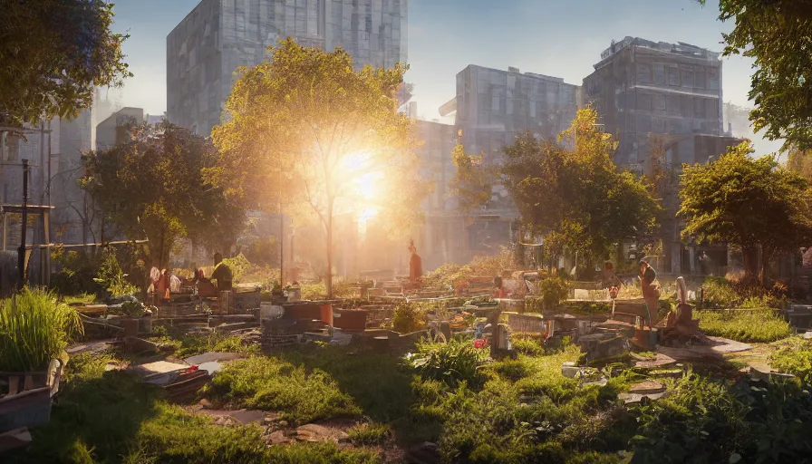 Image similar to craft garden with people working on it built in destroyed washington dc, sunny day, volumetric light, hyperdetailed, artstation, cgsociety, 8 k