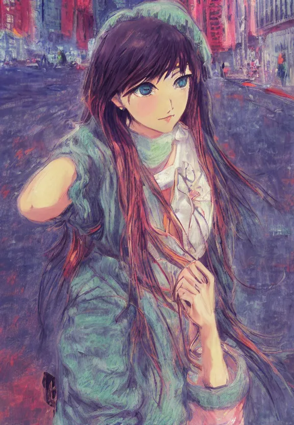 Image similar to wide angle portrait of a teenage girl, a thrifty outfit, very anime in impressionist style, city street view background, anime trending artwork, anime painter studio, by claude monet