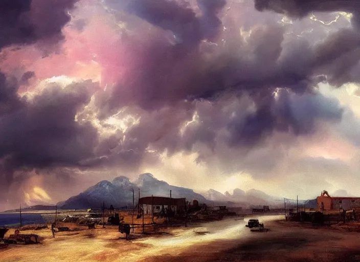 Image similar to oil painting of american old west town, harbour, dramatic storm clouds, dusty street, sunrays, dramatic, very very very beautiful art, cinematic lighting, romanticism by goya, bright art, pastel color, pink and blue sky, sunny summer day, tall mountains