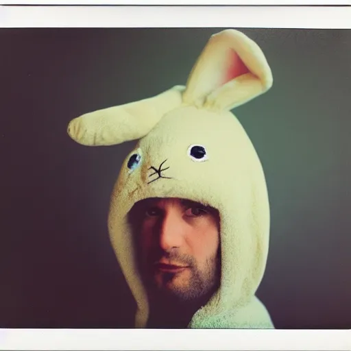 Prompt: grainy head to shoulder portrait Polaroid film photograph of a man wearing a bunny costume. looking at the camera!!. super resolution. Extremely detailed. Polaroid 600 film. by Annie Leibovitz and Richard Avedon