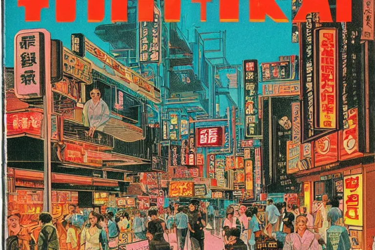 Image similar to 1 9 7 9 science fiction magazine cover depicting a row of shops downtown in neo - tokyo. in the style of bladerunner concept art by syd mead