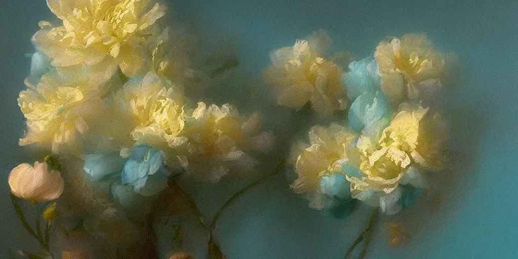 Prompt: a beautiful turquoise flower, the background is blurred, the light comes from behind, in the style of Aivazovsky's paintings, luxury, high quality, realism, golden ratio