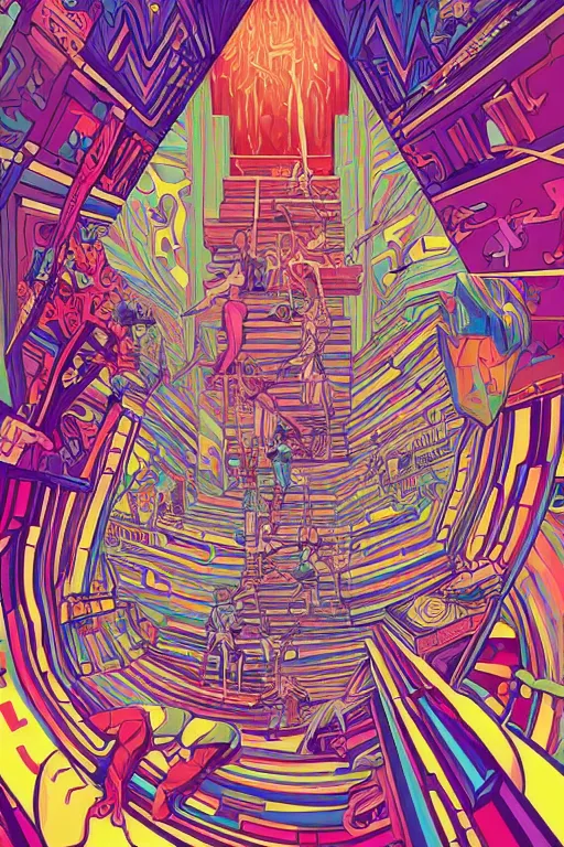 Prompt: a drawing of a room with a staircase, psychedelic art, op art, isometric, voxel art, poster art by victo ngai, ori toor, kilian eng, behance contest winner, crystal cubism, poster art, cubism, tarot card, psychedelic art, concert poster, poster art, maximalist