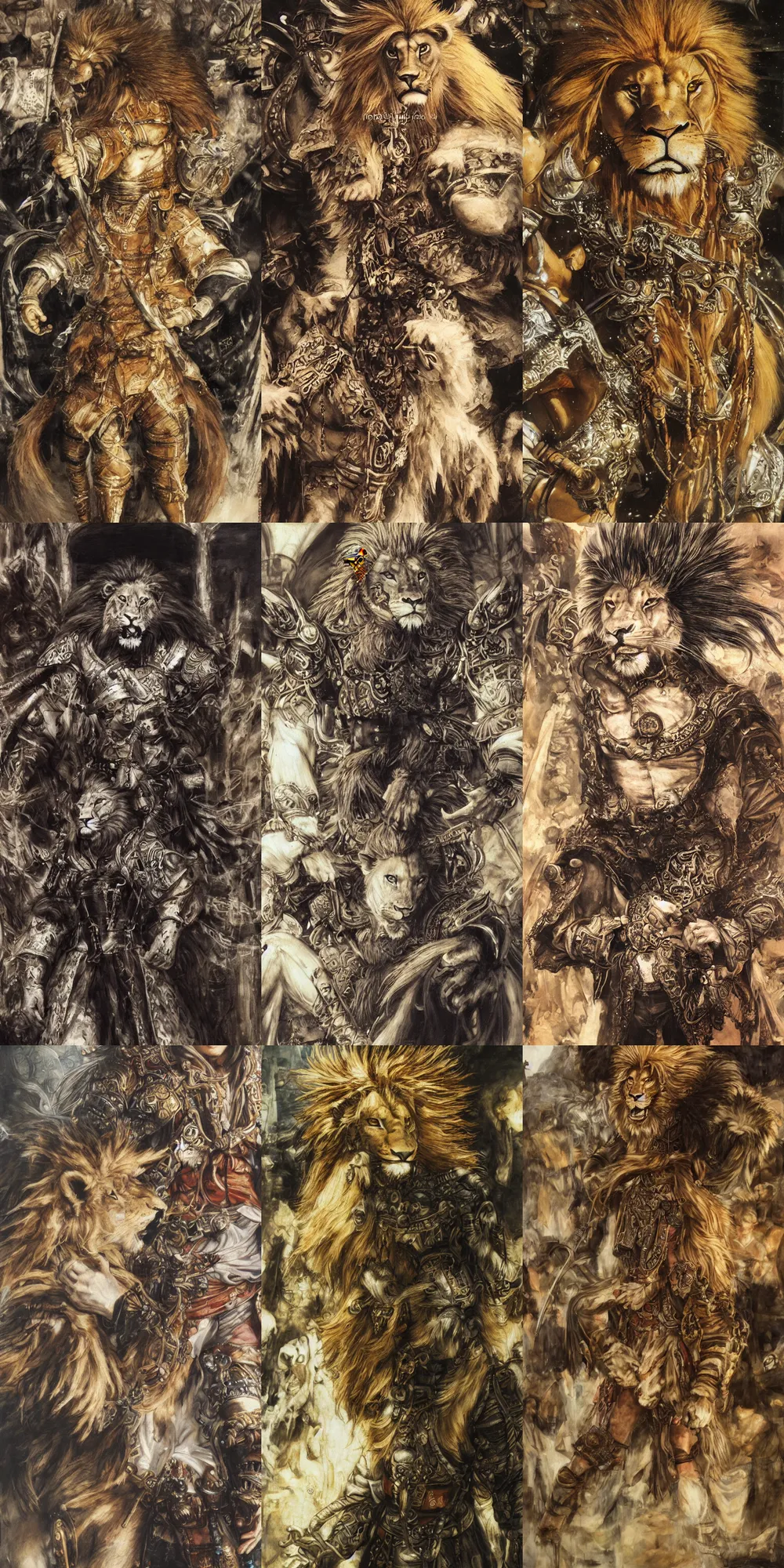 Image similar to 8 k yoshitaka amano painting of upper body of a young cool looking lion beastman with white mane at a medieval market at windy day. depth of field. he is wearing complex fantasy clothing. he has huge paws. renaissance style lighting.