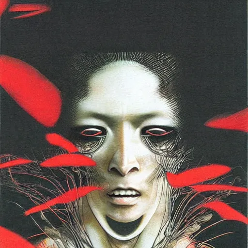 Image similar to “ a simple concept art portrait of a predatory alien species, an award winning yoshitaka amano digital art, by adrian ghenie and gerhard richter. art by takato yamamoto. masterpiece, deep colours. ”