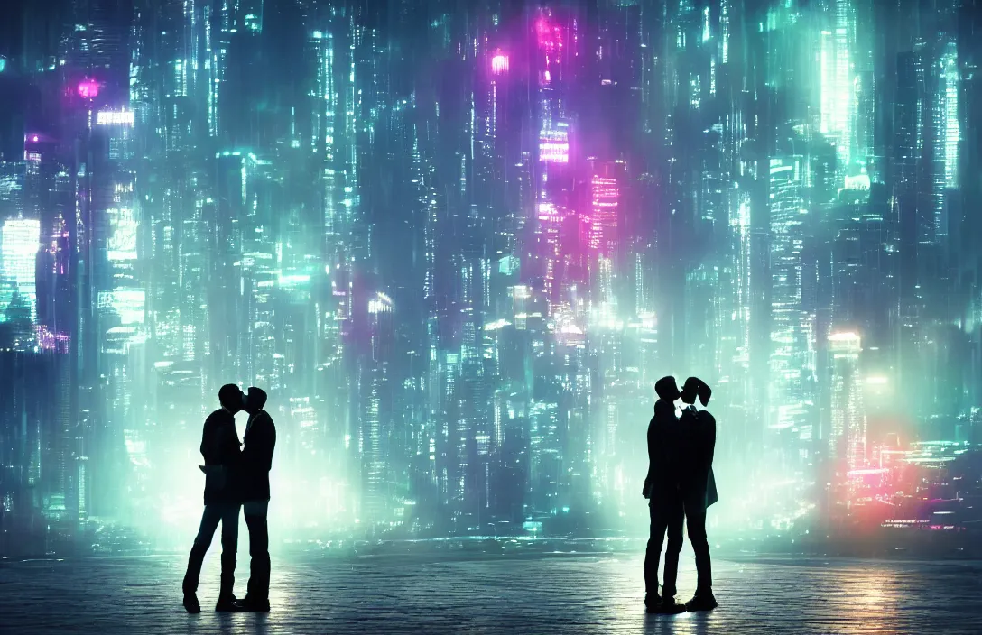 Image similar to men kissing in front of a foggy view of cyberpunk style future city, neon lights, a hyper realistic professional photographic view,very beautiful scenery, very realistic painting effect, hd, hdr, cinematic 4k wallpaper, 8k, ultra detailed, high resolution,