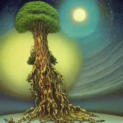 Image similar to a large tree rooted in a crystal hovering in space, by moebius