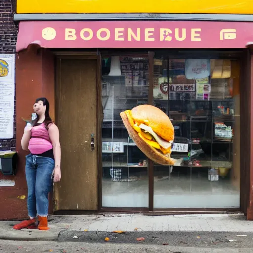 Prompt: levitating bacon egg and cheese sandwich in front of a bodega in Brooklyn