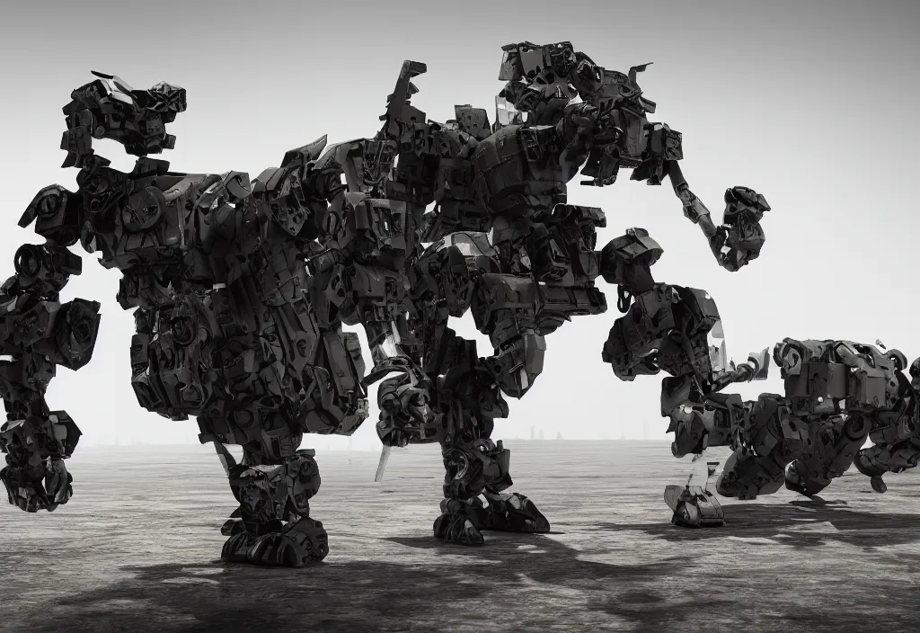 Prompt: military quadruped tiger shaped mech, with black carbon fibre muscular limbs, sinew, clean, simple, minimalist, side view, product design, modern, on an empty grimy concrete background, weta, cinematic, realistic, stylised, unreal engine, hyper realistic, octane render