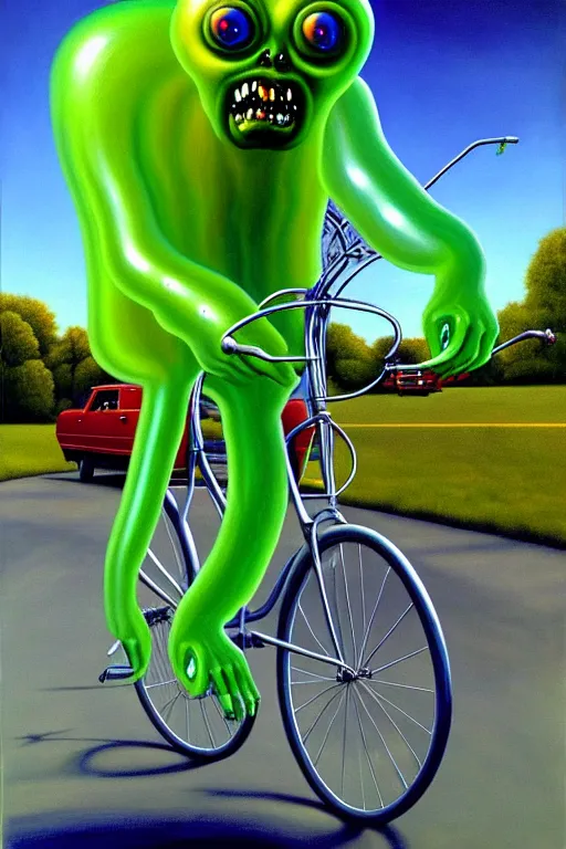 Prompt: a hyperrealistic painting of a translucent jelly zombie creature riding a bicycle through a suburban neighborhood on a sunny day, by chris cunningham and richard corben, highly detailed, vivid color,