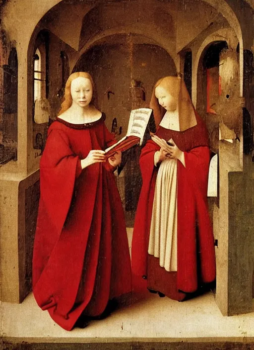 Image similar to angels dressed in red reading the bible and arguing in Tuscany by Jan van Eyck, Hieronymus Bosch, Johannes Vermeer 4k post-processing, highly detailed medieval painting