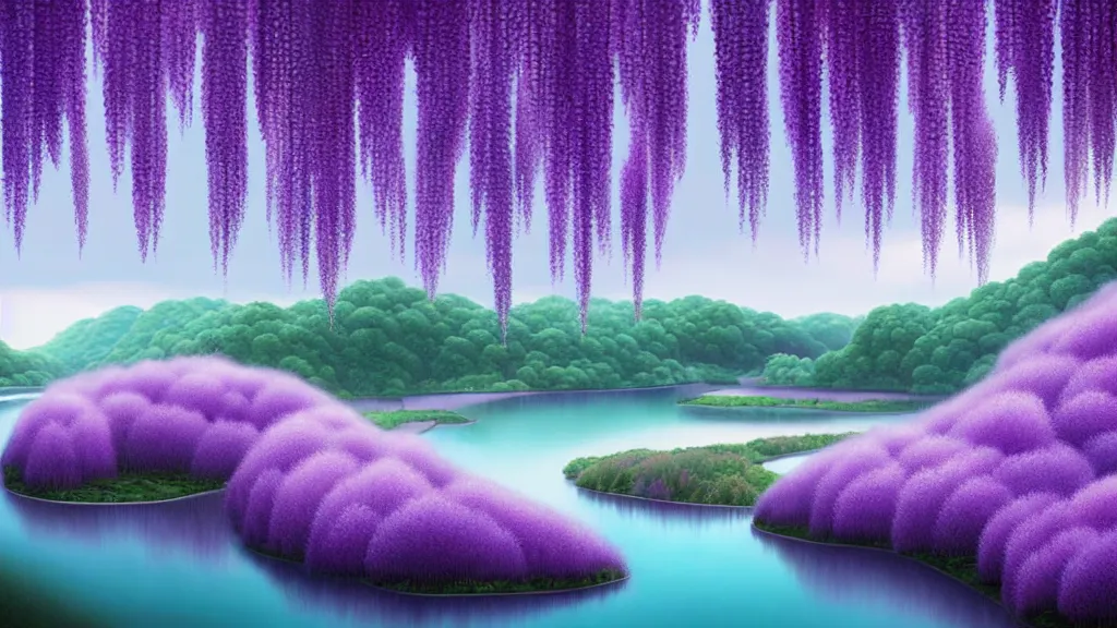 Prompt: digital painting of a lush sinuous river valley by artgerm. purple river. cold icy day. chiho aoshima. wisteria. digital render. detailed. beautiful landscape.