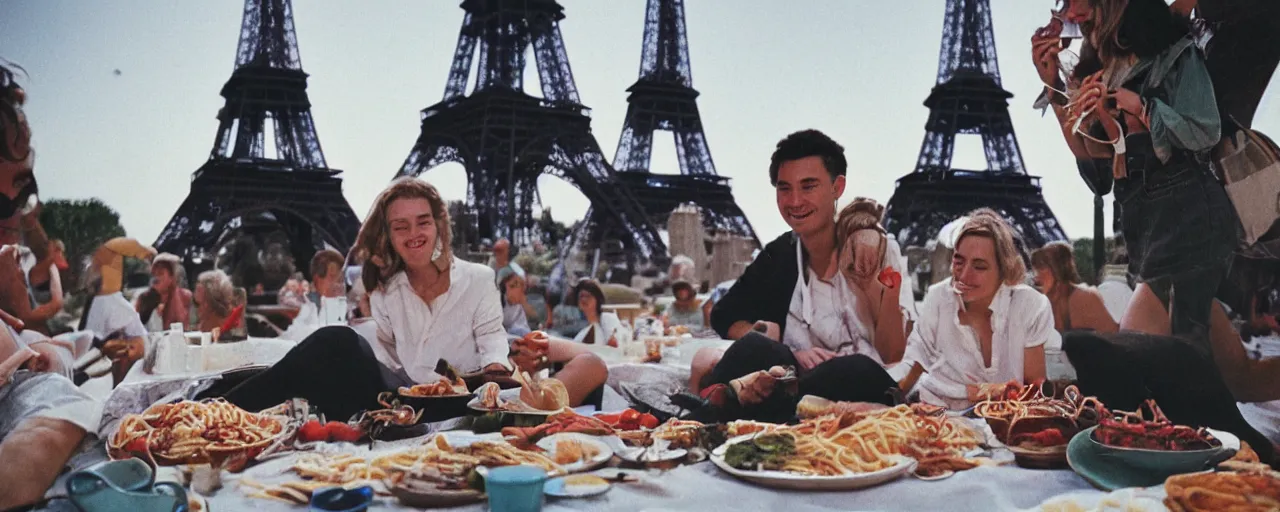 Image similar to young couple enjoying a spaghetti picnic in front of the eiffel tower, high detail, canon 5 0 mm, cinematic lighting, photography, retro, film, kodachrome