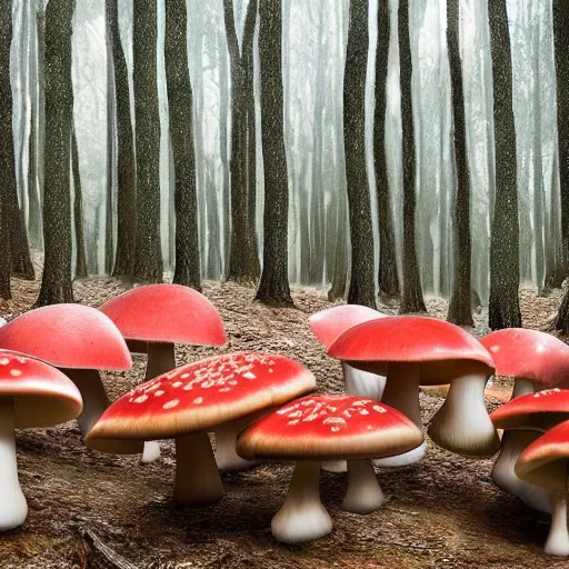 Prompt: weird animals walking in a forest of giant mushrooms, detailed professional photo
