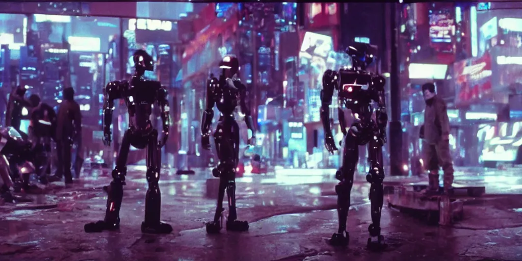 Image similar to Cyberpunk android chrome Robot fight movie escene, shot on imax, cinematic scene, CineStill 800T Film,