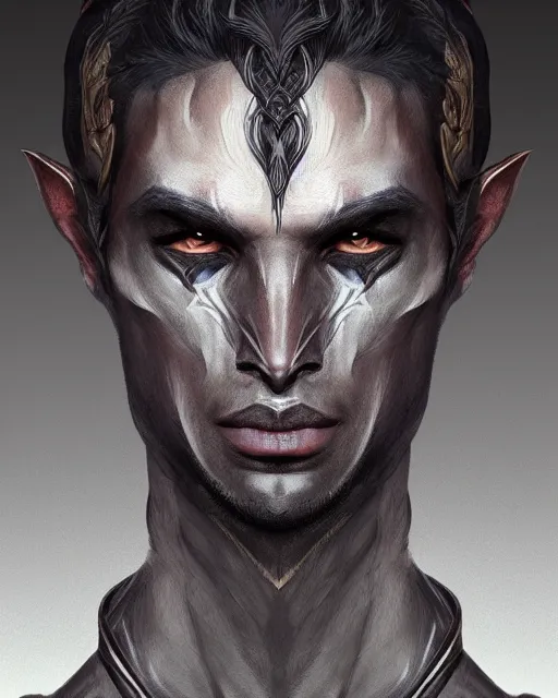 Image similar to portrait of a handsome male dark elf, obsidian skin, fantasy, intricate, elegant, highly detailed, digital painting, artstation, concept art, sharp focus, illustration