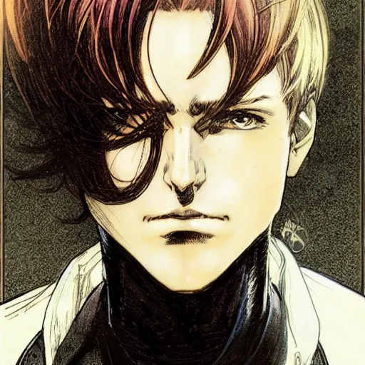 Prompt: portrait of very handsome young wizard with dark hair and white blouse, art by yoshitaka amano, art by adam hughes