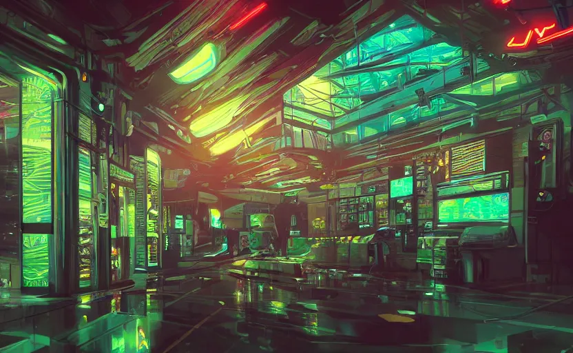 Prompt: playing area, indoor, neon lights, cyberpunk, highly detailed, digital painting, architecture, artstation, concept art, sharp focus, illustration