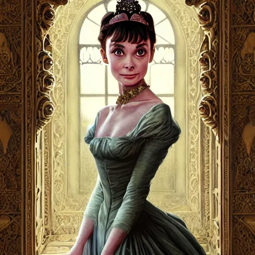 Image similar to audrey hepburn in an epic victorian novel, inside an ornate castle, intricate, elegant, highly detailed, digital painting, artstation, matte, illustration, art by artgerm, greg rutkowski, loish, rhads, ferdinand knab, makoto shinkai, lois van baarle, ilya kuvshinov, rossdraws, tom bagshaw