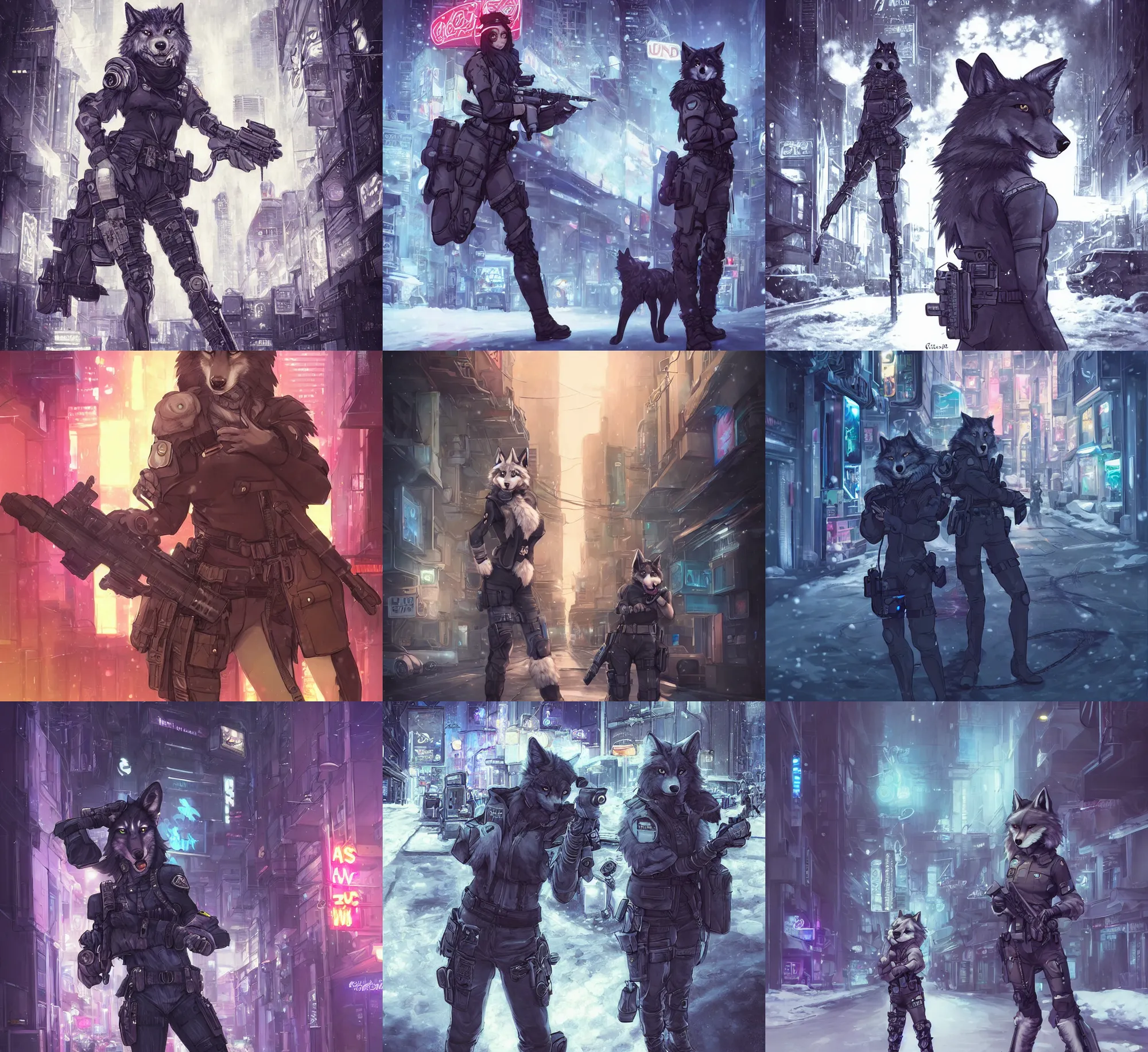 Image similar to beautiful furry art portrait commission of a female furry anthro wolf fursona both wearing a tactical swat uniform in the streets of a cyberpunk city at night in the snow. neon signs. character design by charlie bowater, ross tran, artgerm, and makoto shinkai, detailed, inked, western comic book art