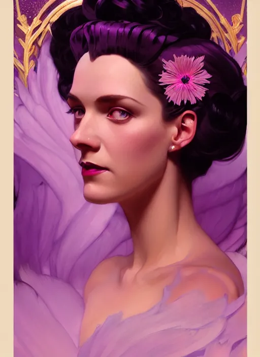 Prompt: leyendecker, brom, lovely regal queen, portrait, updo of black and pink ombre hair, crown, flowerpunk, crystal coated violet flowers, by greg rutkowski, anato finnstark, alphonse mucha, global illumination, radiant light