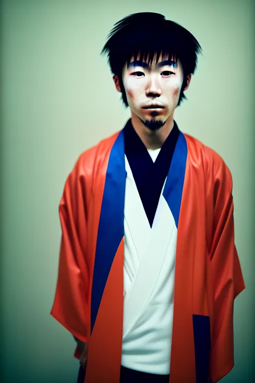 Image similar to photography masterpiece by haruto hoshi, flash photography portrait of young japanese man in kabuki cho, shot with a 3 5 mm lens aperture f / 5. 6, kodak ultramax iso 4 0 0 filmstock, subdued color, hyper realistic, octane render