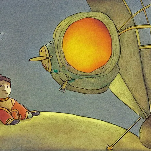 Image similar to illustration to The little prince by antoine de saint-exupéry , in the style of studio ghibli