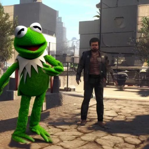 Image similar to a still of from the movie the muppet movie crossover with the game deus ex : mankind divided