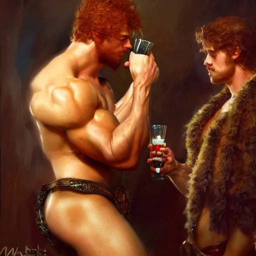 Image similar to attractive muscular mike with ginger hair with muscular attractive tyler with brunet hair, drinking their hearts out, in their noble mansion. highly detailed painting by gaston bussiere, craig mullins, j. c. leyendecker 8 k