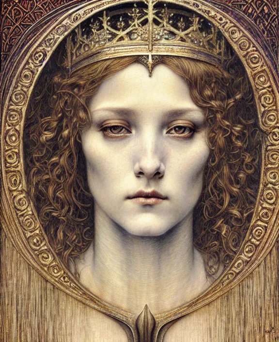 Image similar to detailed realistic beautiful young medieval queen face portrait by jean delville, gustave dore and marco mazzoni, art nouveau, symbolist, visionary, gothic, pre - raphaelite. horizontal symmetry