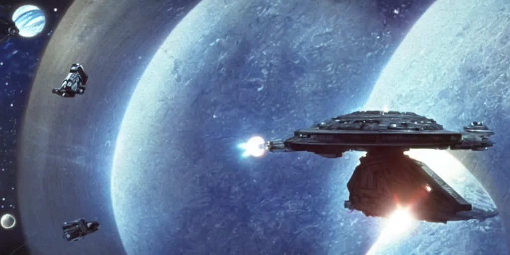 Prompt: A still of a Star Wars spaceship in orbit around a planet in a Star Wars Sequel, 1990, Directed by Steven Spielberg, 35mm