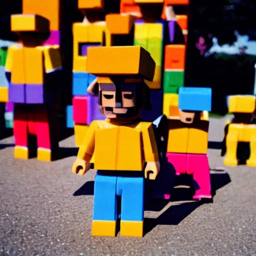 Prompt: 35 mm photo of block figures looking like roblox figures playing with a computer in a block world, having fun in the sun, bright and fun colors
