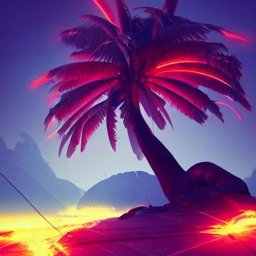 Image similar to Fiery Palm tree ignites black background, sending flickering aesthetic firefly ashes towards viewer by Makoto Shinkai, by Artgerm, by beeple, by Greg Rutkowski, volumetric lighting, octane render, 4K resolution, trending on artstation, masterpiece