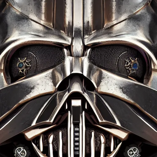 Image similar to A close up symmetric steampunk darth vader mask with sparkling eyes made from ornate engraved full plate armor and Rolex gears and jewels and gems, macro shot by Justin Gerard, unreal engine, detailed, intricate, physically based rendering