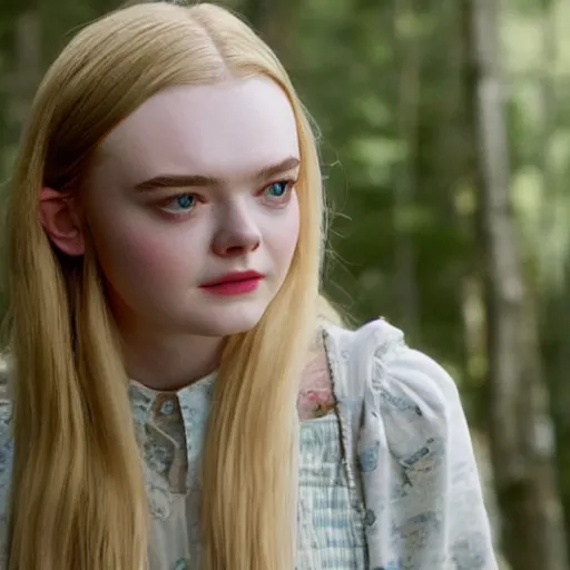 Prompt: A masterpiece head and shoulders portrait of Elle Fanning in Raised by Wolves