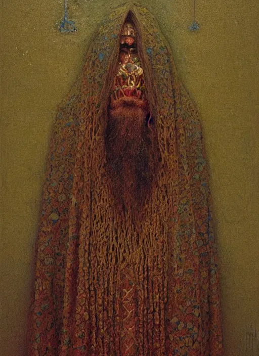 Prompt: portrait of a pagan cultist in fancy robes with a lot of gold by beksinski