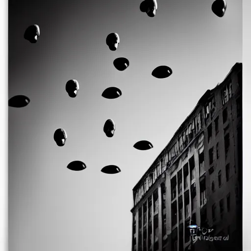 Image similar to a print of three realistic eyes floating in the sky over a city, high contrast, low key, black and white, vintage poster, film grain