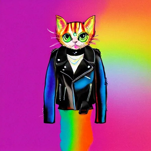 Image similar to wide angle full body, jacket wearing fluffy cute rainbow kitten wearing a black leather motorcycle jacket, cinematic concept art