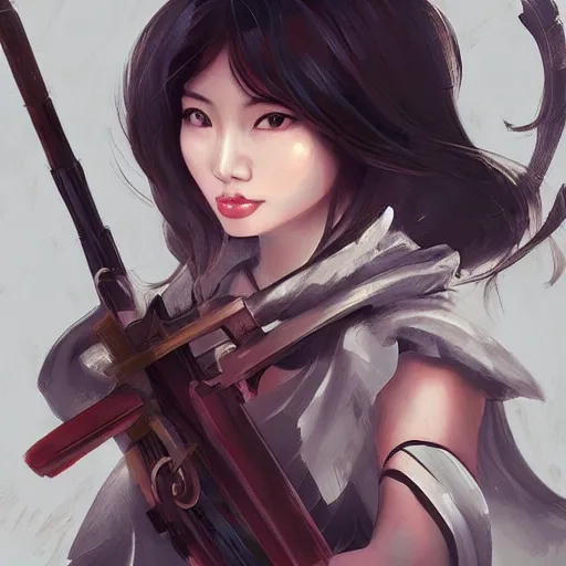 Prompt: beautiful Asian woman with a weapon, full view, character design, warrior outfit, dramatic lighting, by seunghee Lee,detailed, artstation