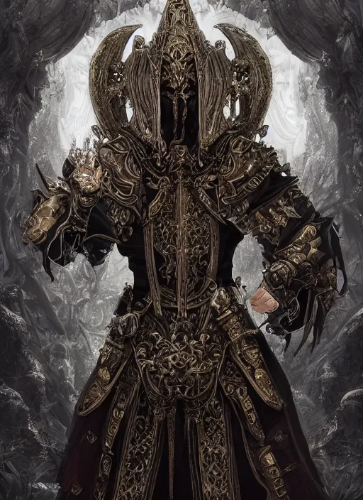 Image similar to high intricate male priest with white baroque armor and black garment, demon lord, ancient forest, maria panfilova, andrea savchenko, mike kime, ludovic plouffe, qi sheng luo, oliver cook, trending on artstation