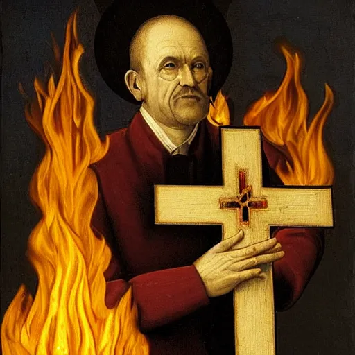 Image similar to a beautiful! portrait of a stern preacher holding a burning cross