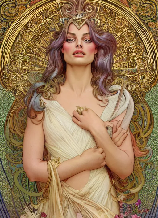 Image similar to Margot Robbie as God of Beauty, cute, fantasy, intricate, elegant, highly detailed, digital painting, 4k, HDR, concept art, smooth, sharp focus, illustration, art by alphonse mucha,artgerm, H R Giger