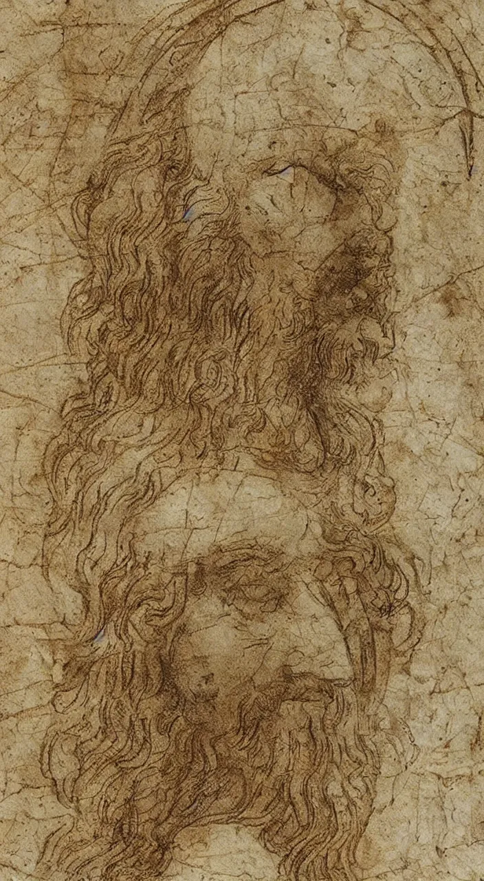 Prompt: leonardo da vinci sketches on sheet of old medival paper with stains and marks texture material