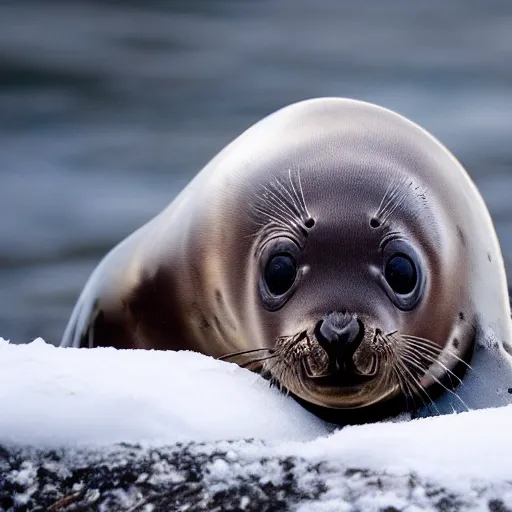 Prompt: Photorealistic photograph of a cute seal pup in snow, photorealism, photorealistic, realism, real, highly detailed, ultra detailed, detailed, cute, emotional, shutter speed 1/1000, 60mm Focal Length, Canon EOS 90D, Wildlife Photographer of the Year, Pulitzer Prize for Photography, 8k