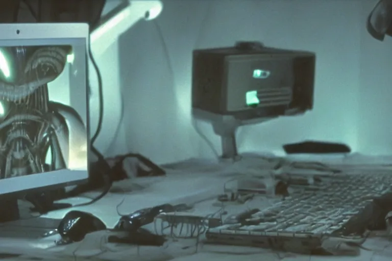 Image similar to alien using a computer to check her email submerged in translucent goo, over the shoulder perspective, in 1 9 8 5, y 2 k cybercore, industrial low - light photography, still from a kiyoshi kurosawa movie