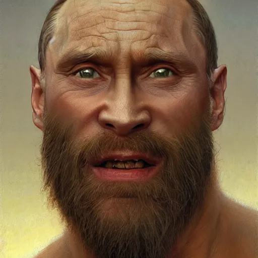 Image similar to vladimir putin, putin is bald caveman, vladimir putin awe face, toothless macabre face, by donato giancola and greg rutkowski and wayne barlow and zdzisław beksinski, realistic face, digital art
