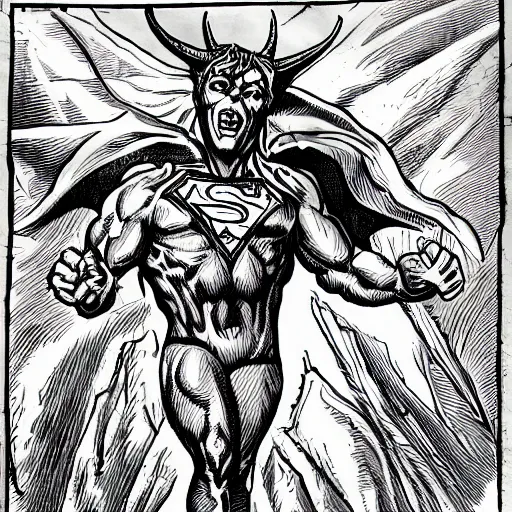 Image similar to satan dressed as superman is devil demon with tail. detailed. photorealistic