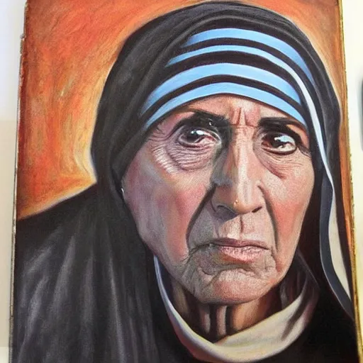 Prompt: nic cage as mother teresa, buff, painted portrait, highly detailed,