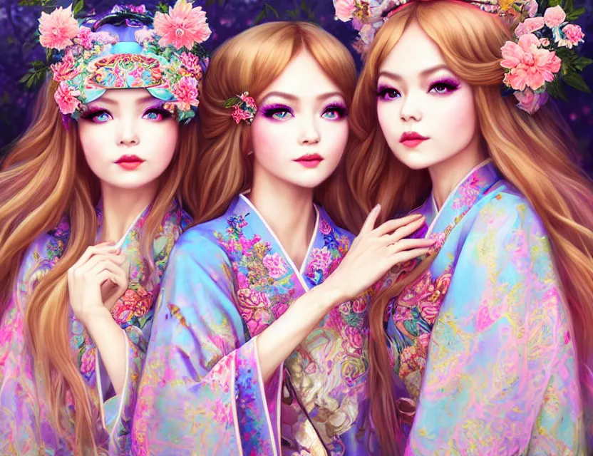 Image similar to two beautiful fashion siberian girls wear fantasy kimono in festival | | big eyes, sunny, dreamlike art, realistic shaded, smile, good looking, hyper details, 4 k realistic, cryengine, realistic shaded lighting poster by artgerm, ross tran, fuji choko, loish, 8 k resolution, trending on artstation, luxury